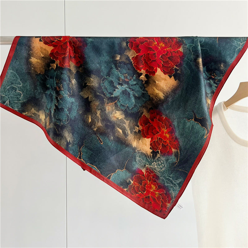 26'' Chinese Aesthetic Flower Bloom Mulberry Silk Scarf – Elegant Women's Silk Shawl, Spring & Summer Fashion Accessory
