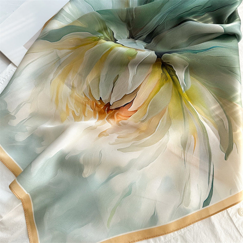 26'' Oil Painting Peony Mulberry Silk Scarf – Elegant Floral Square Silk Shawl for Women, Artistic & Timeless Accessory