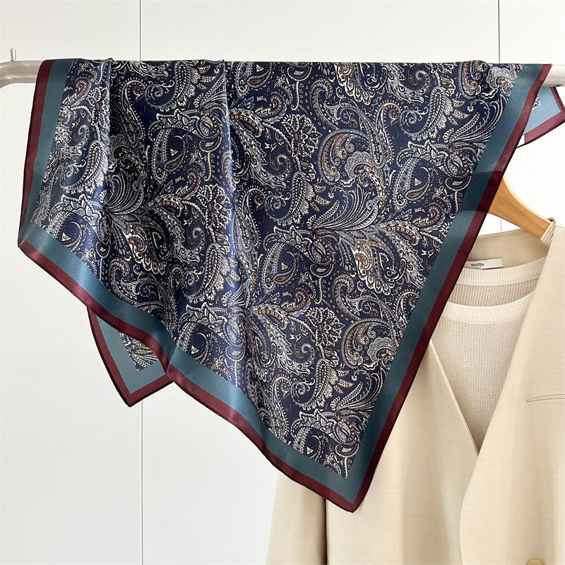 65cm Mulberry Silk Classic Paisley Scarf – Navy Blue Double Crepe Square Shawl for Spring & Summer