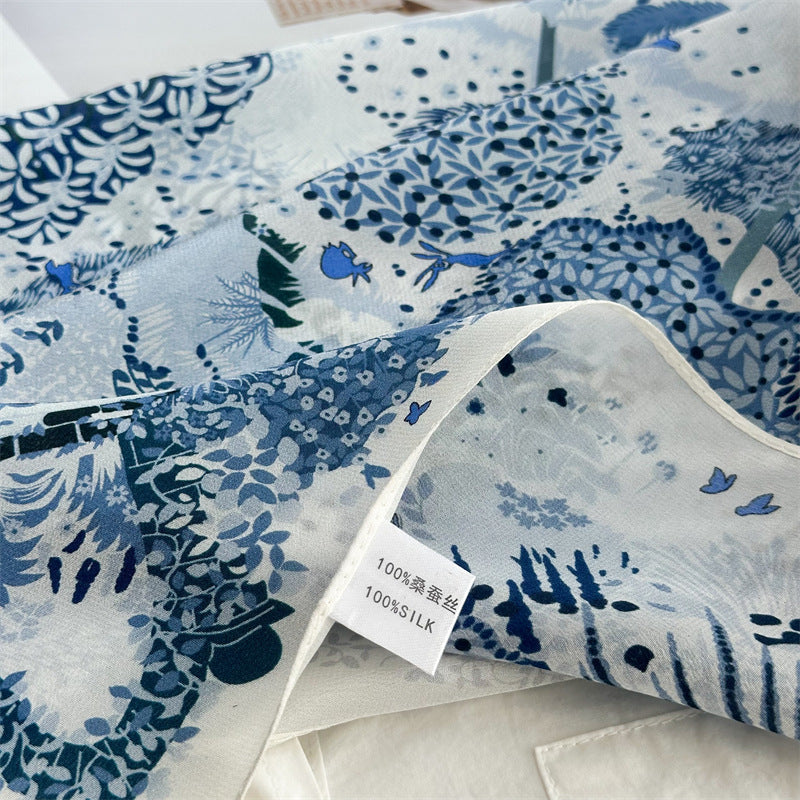 26'' Forest Blue Mulberry Silk Scarf – Nature-Inspired Square Silk Shawl for Women, Calm & Elegant Accessory