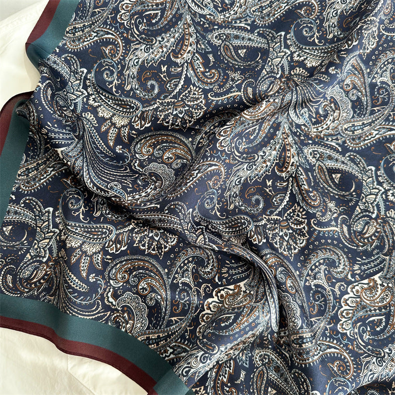 65cm Mulberry Silk Classic Paisley Scarf – Navy Blue Double Crepe Square Shawl for Spring & Summer