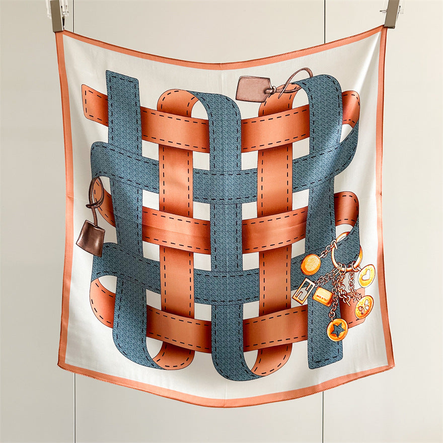 65cm Belt Pattern Mulberry Silk Scarf – Square Silk Shawl for Women, Elegant & Versatile Accessory