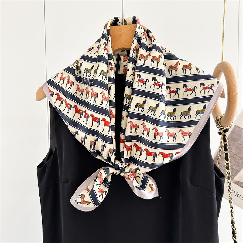 26'' Beige Pony Mulberry Silk Scarf – Cute & Elegant Square Silk Shawl for Women, Playful Animal Design Accessory