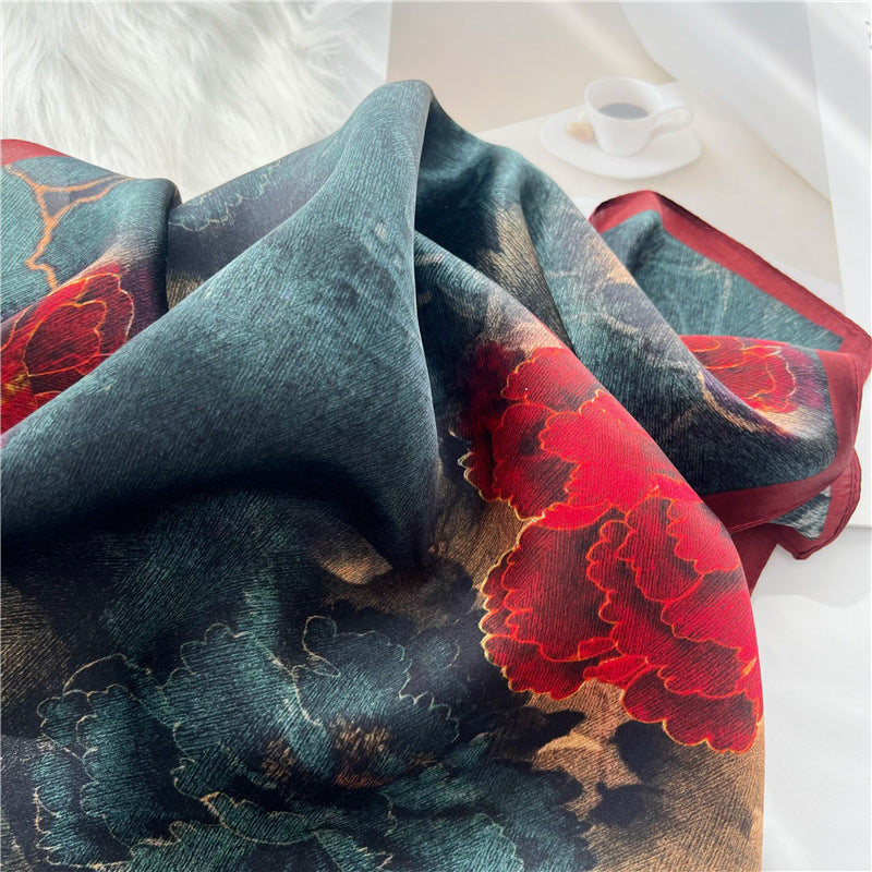26'' Chinese Aesthetic Flower Bloom Mulberry Silk Scarf – Elegant Women's Silk Shawl, Spring & Summer Fashion Accessory