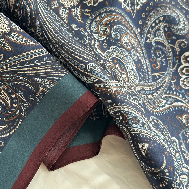 65cm Mulberry Silk Classic Paisley Scarf – Navy Blue Double Crepe Square Shawl for Spring & Summer