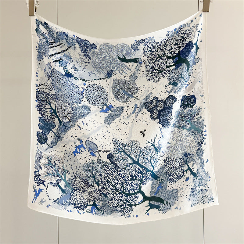 26'' Forest Blue Mulberry Silk Scarf – Nature-Inspired Square Silk Shawl for Women, Calm & Elegant Accessory
