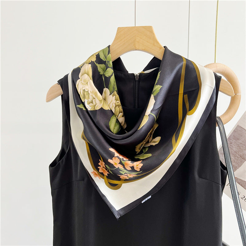 26'' Black Camellia Mulberry Silk Scarf – Elegant Floral Square Silk Shawl for Women, Timeless & Luxurious Accessory