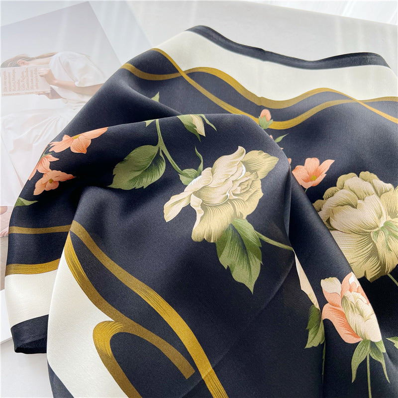 26'' Black Camellia Mulberry Silk Scarf – Elegant Floral Square Silk Shawl for Women, Timeless & Luxurious Accessory