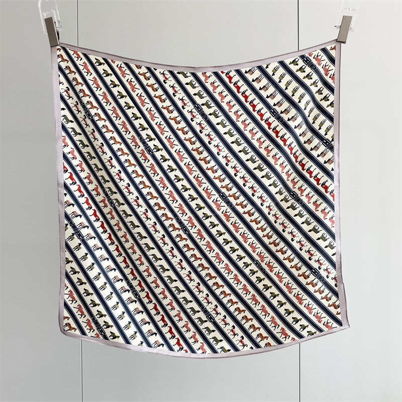 26'' Beige Pony Mulberry Silk Scarf – Cute & Elegant Square Silk Shawl for Women, Playful Animal Design Accessory