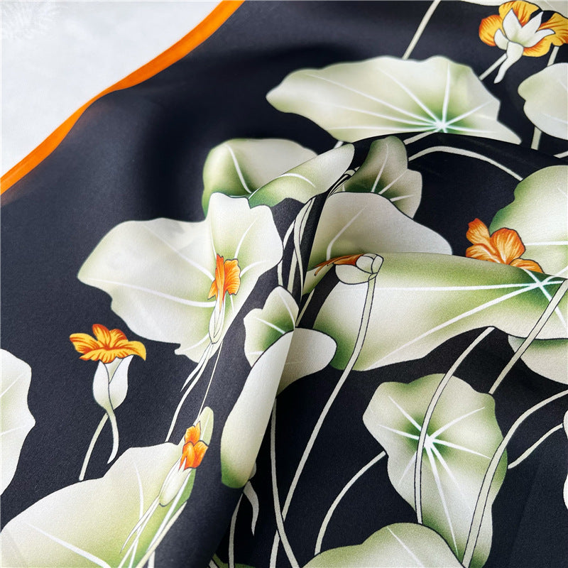 65cm Lotus Leaf Mulberry Silk Scarf – Women’s Autumn Style, Versatile Chinese Square Silk Scarf