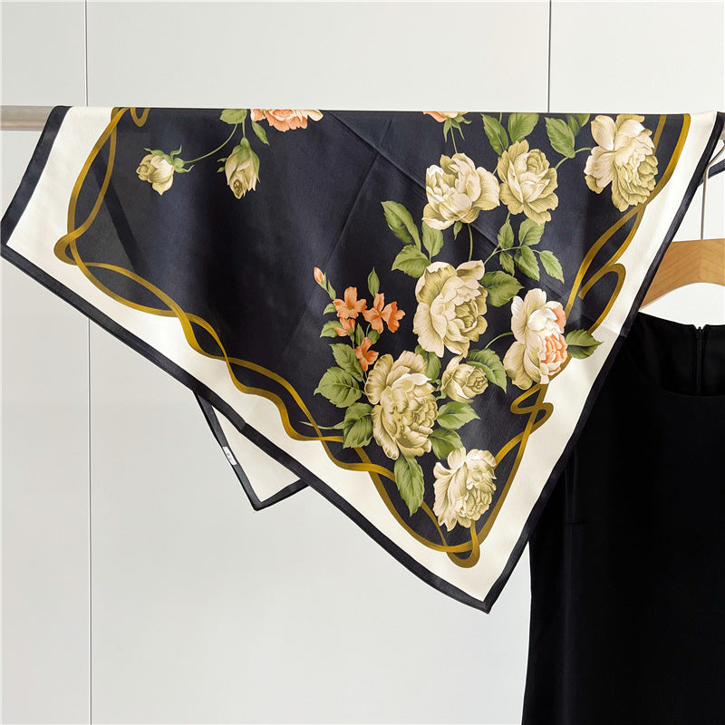 26'' Black Camellia Mulberry Silk Scarf – Elegant Floral Square Silk Shawl for Women, Timeless & Luxurious Accessory