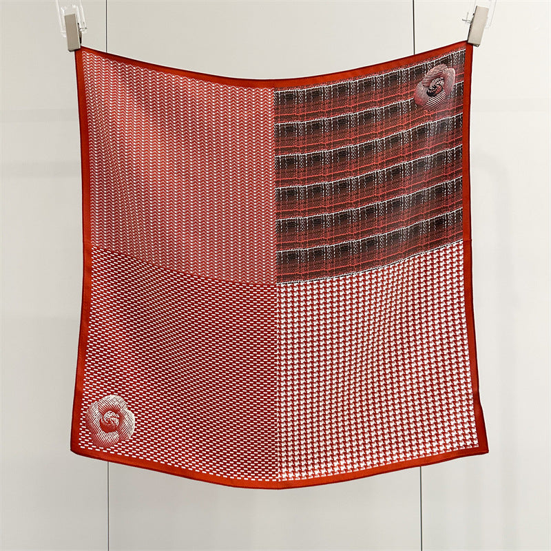 65cm Mulberry Silk Scarf – Plaid, Houndstooth & Rose Print Double Crepe Square Shawl for Spring & Summer