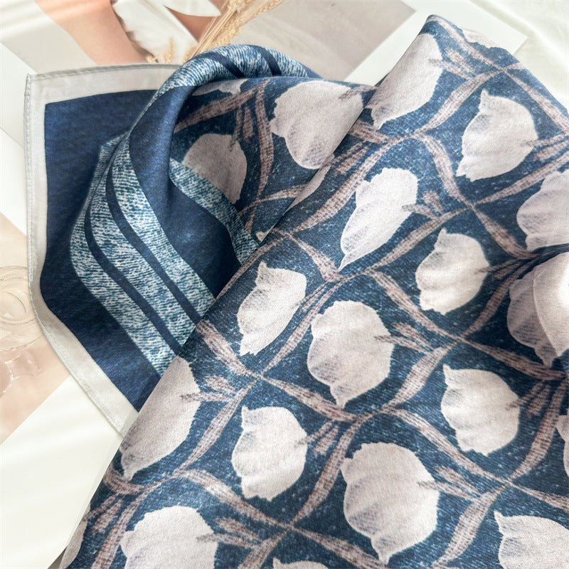 65cm Blue Lily of the Valley Mulberry Silk Scarf – Elegant Square Silk Shawl for Women, Fresh & Versatile Accessory