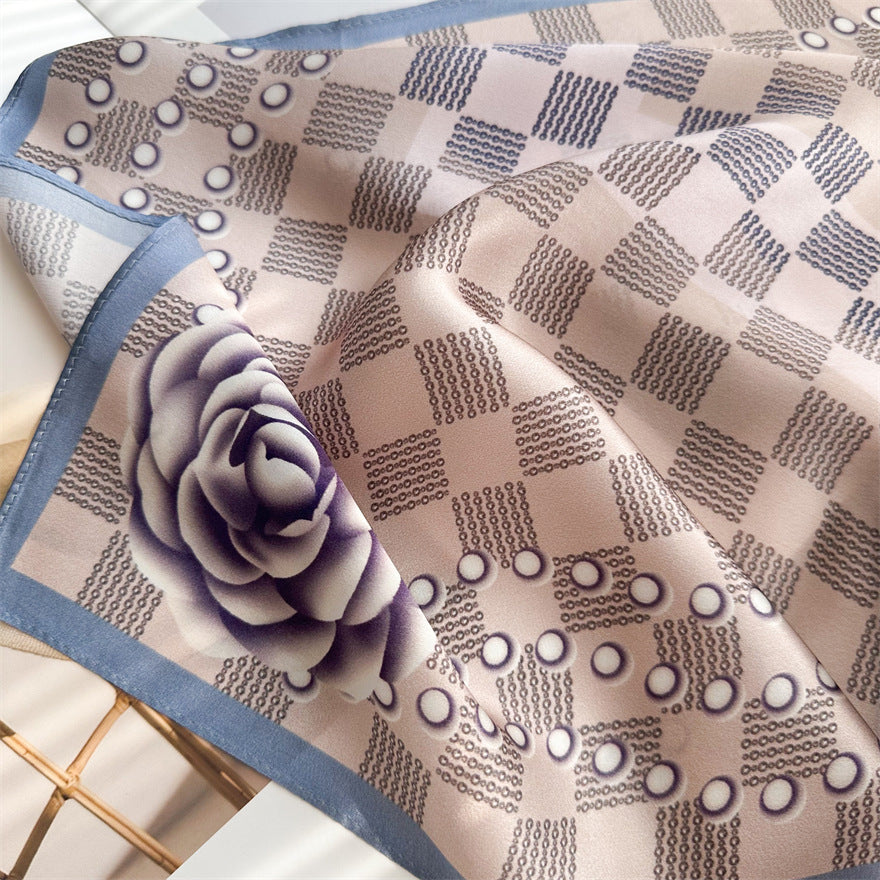 65cm Mulberry Silk Scarf – Digital 5 Grid Pattern Square Silk Shawl for Women, Elegant & Versatile Accessory