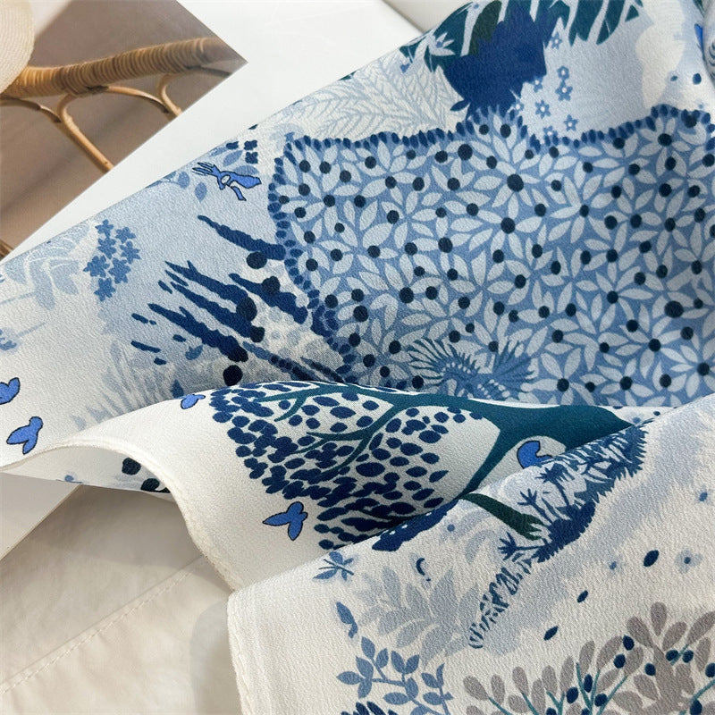 26'' Forest Blue Mulberry Silk Scarf – Nature-Inspired Square Silk Shawl for Women, Calm & Elegant Accessory