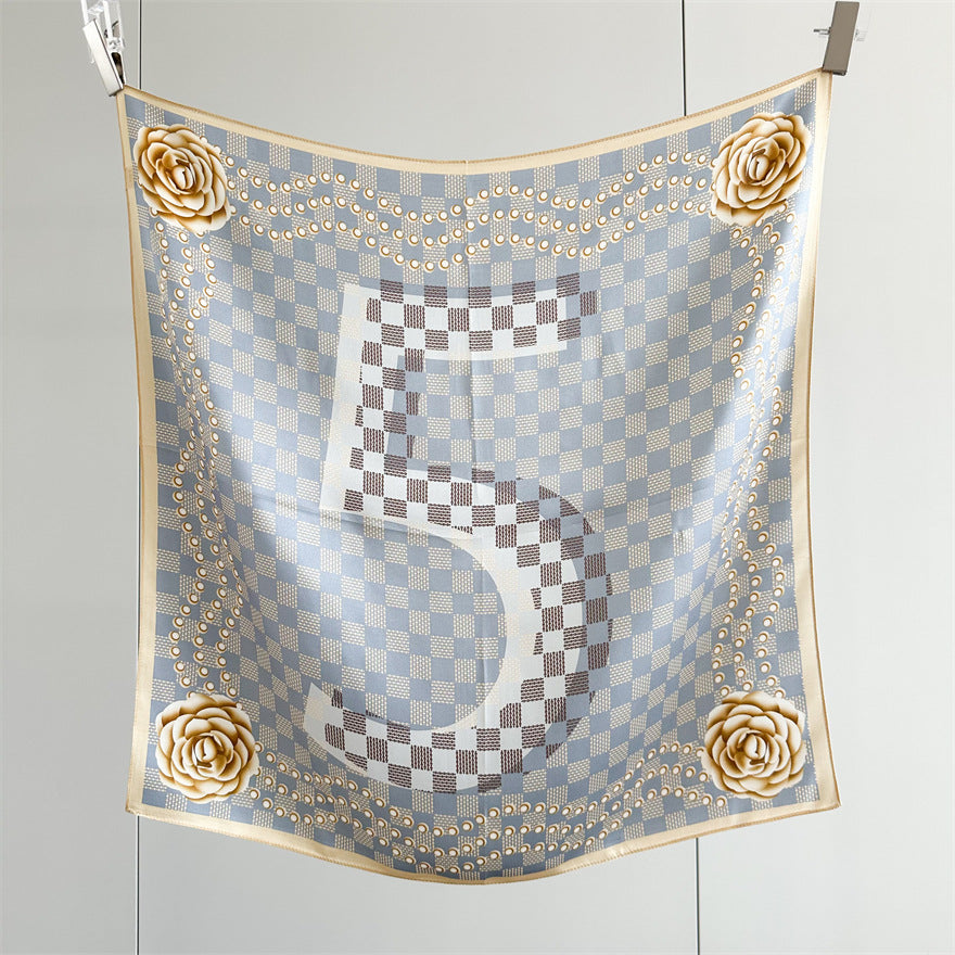 65cm Mulberry Silk Scarf – Digital 5 Grid Pattern Square Silk Shawl for Women, Elegant & Versatile Accessory