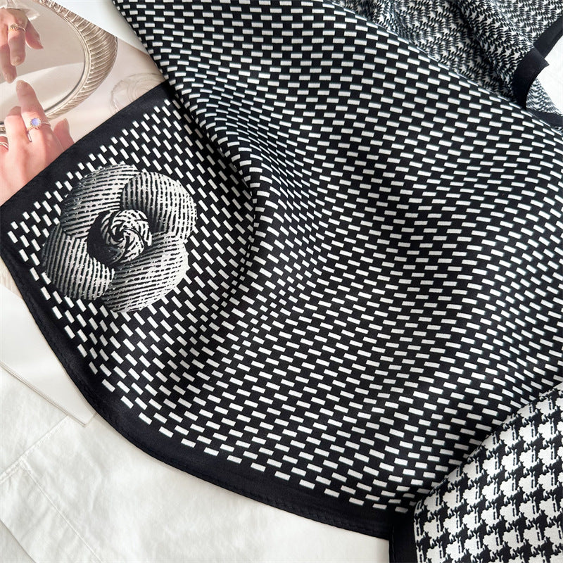 65cm Mulberry Silk Scarf – Plaid, Houndstooth & Rose Print Double Crepe Square Shawl for Spring & Summer