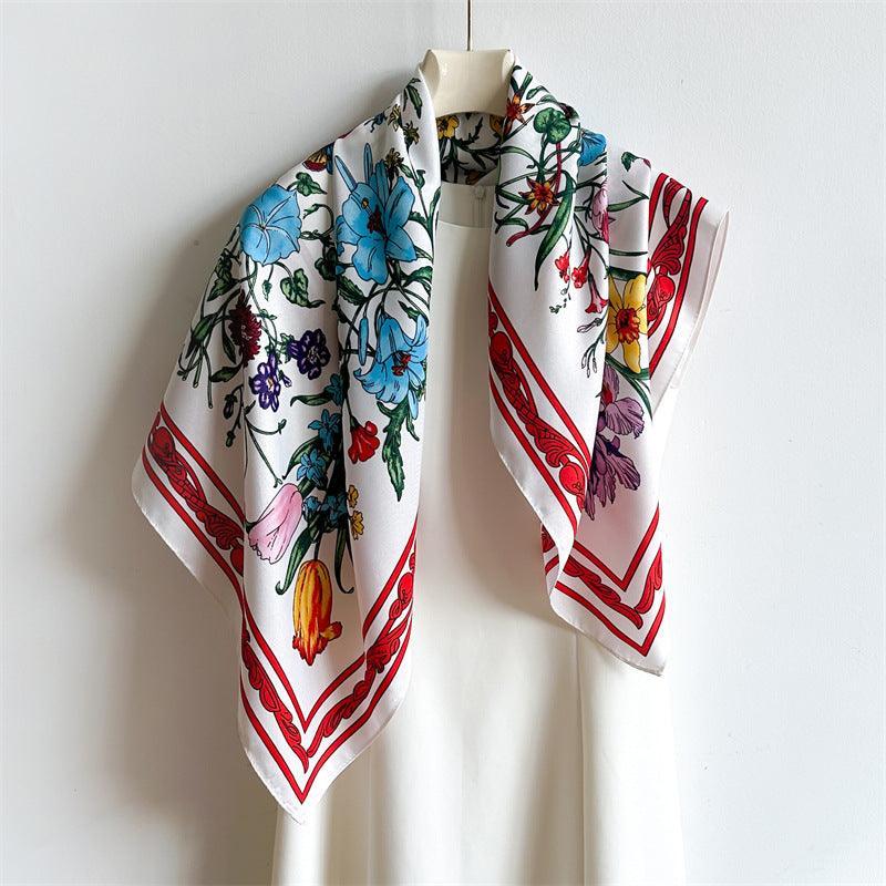 White Floral Butterfly Chic Large Satin Scarf | 90x90cm Bandana | Twill Satin Shawl | Perfect Gift for Her, Mother's Day