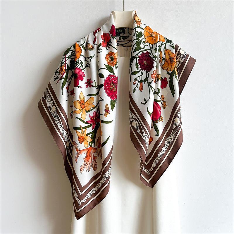 White Floral Butterfly Chic Large Satin Scarf | 90x90cm Bandana | Twill Satin Shawl | Perfect Gift for Her, Mother's Day