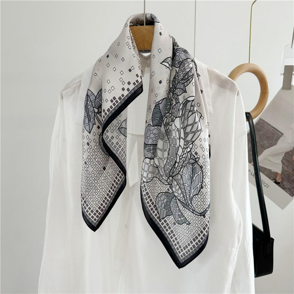 26'' Minimalist Grey Floral Mulberry Silk Scarf – Elegant & Subtle Square Silk Shawl for Women, Modern Floral Design