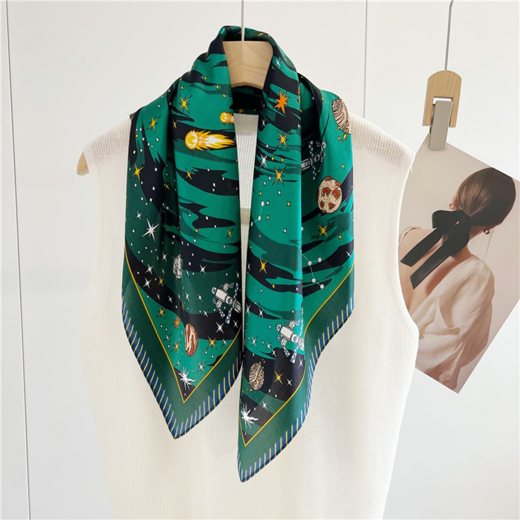 26'' Starry Green Mulberry Silk Scarf – Dreamy Night Sky-Inspired Square Silk Shawl for Women, Elegant & Sophisticated Accessory