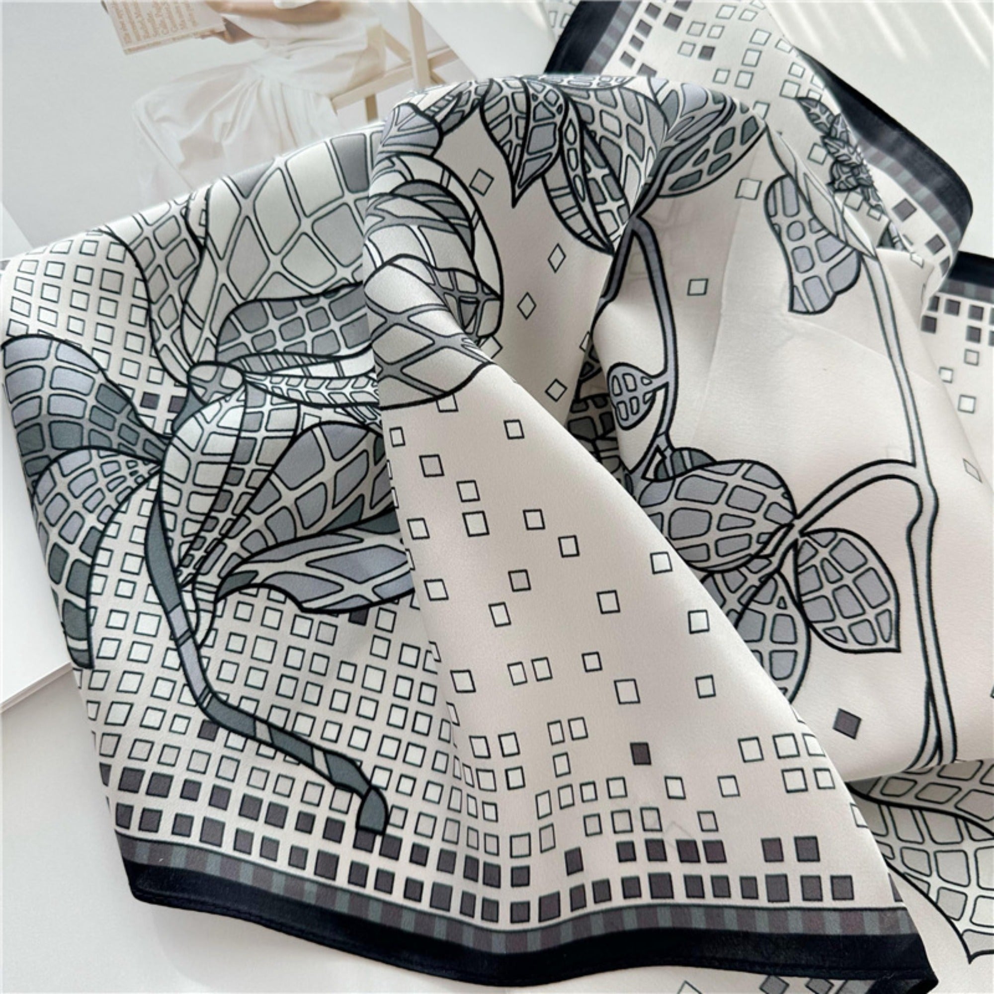 26'' Minimalist Grey Floral Mulberry Silk Scarf – Elegant & Subtle Square Silk Shawl for Women, Modern Floral Design