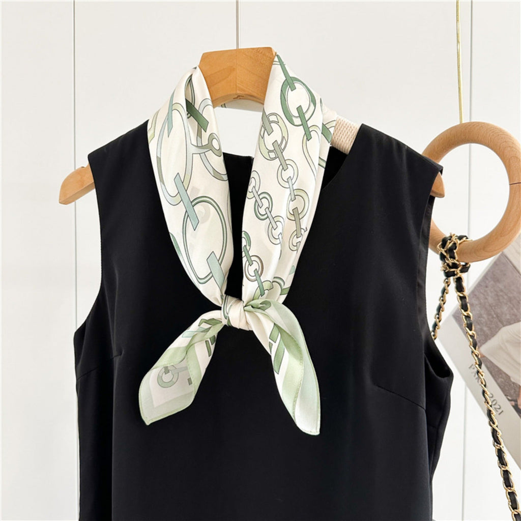 26'' Minimalist Green Lock Mulberry Silk Scarf – Simple & Elegant Square Silk Shawl for Women, Modern Chic Accessory