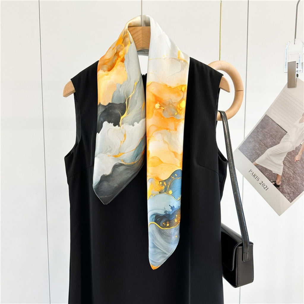 26'' Orange Gilded Mulberry Silk Scarf – Elegant & Luxurious Square Silk Shawl for Women, Golden Accent Accessory