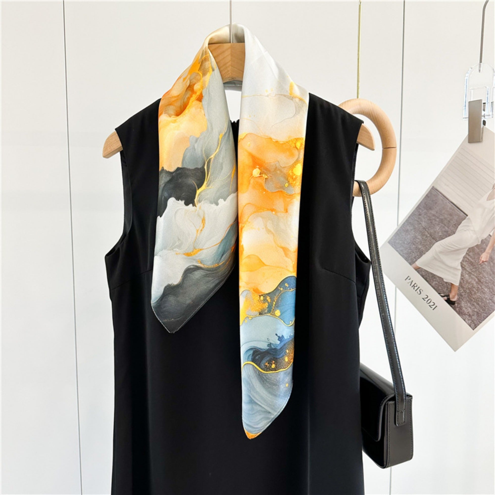 26'' Orange Gilded Mulberry Silk Scarf – Elegant & Luxurious Square Silk Shawl for Women, Golden Accent Accessory