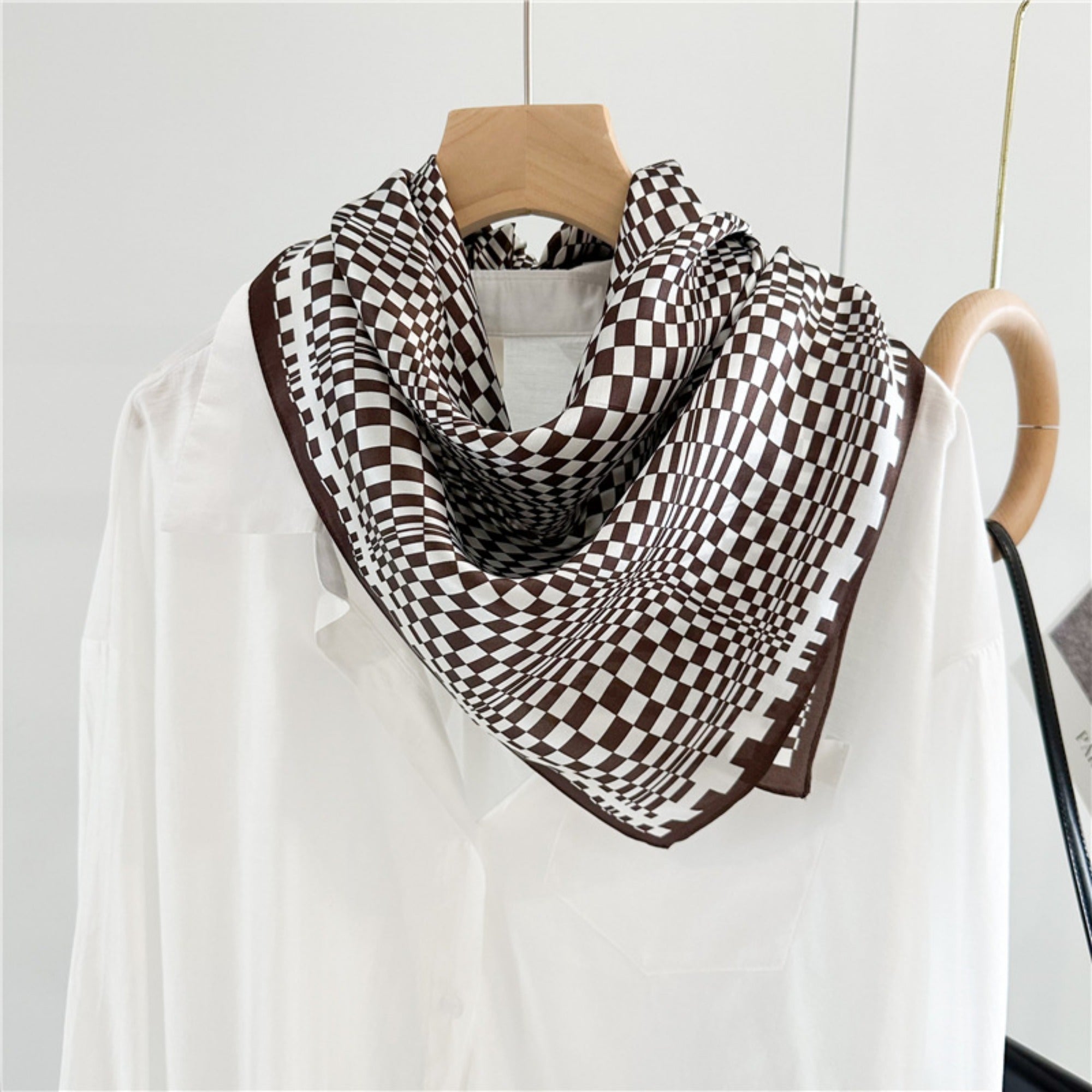 26'' Coffee Plaid Mulberry Silk Scarf – Sophisticated Women’s Square Shawl with a Classic, Elegant Check Pattern