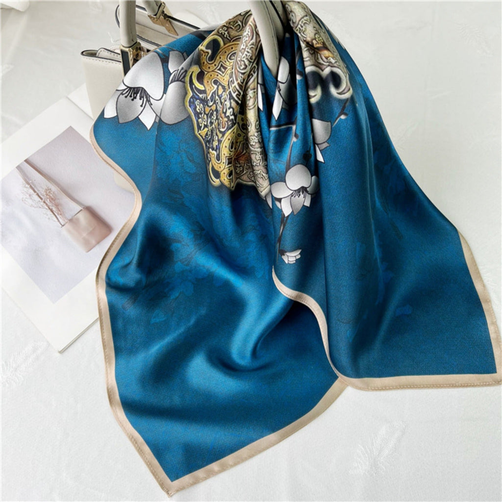 26'' Blue Lock Pattern Mulberry Silk Scarf – Modern Square Silk Shawl for Women, Elegant & Chic Accessory