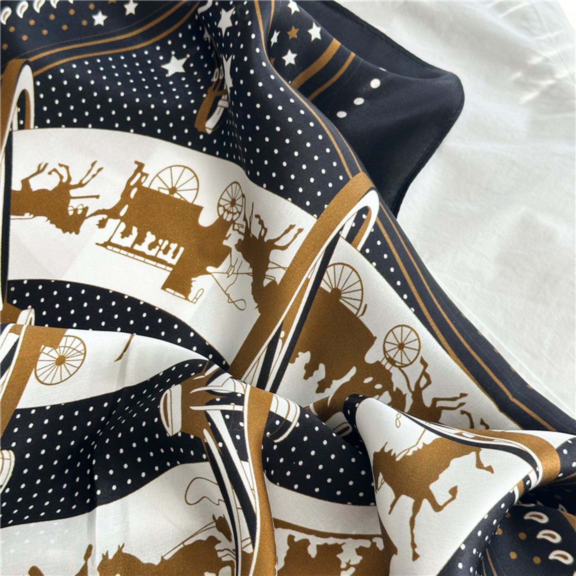 26'' Carriage Wheel Mulberry Silk Scarf – Elegant Vintage-Inspired Square Silk Shawl for Women, Classic Accessory