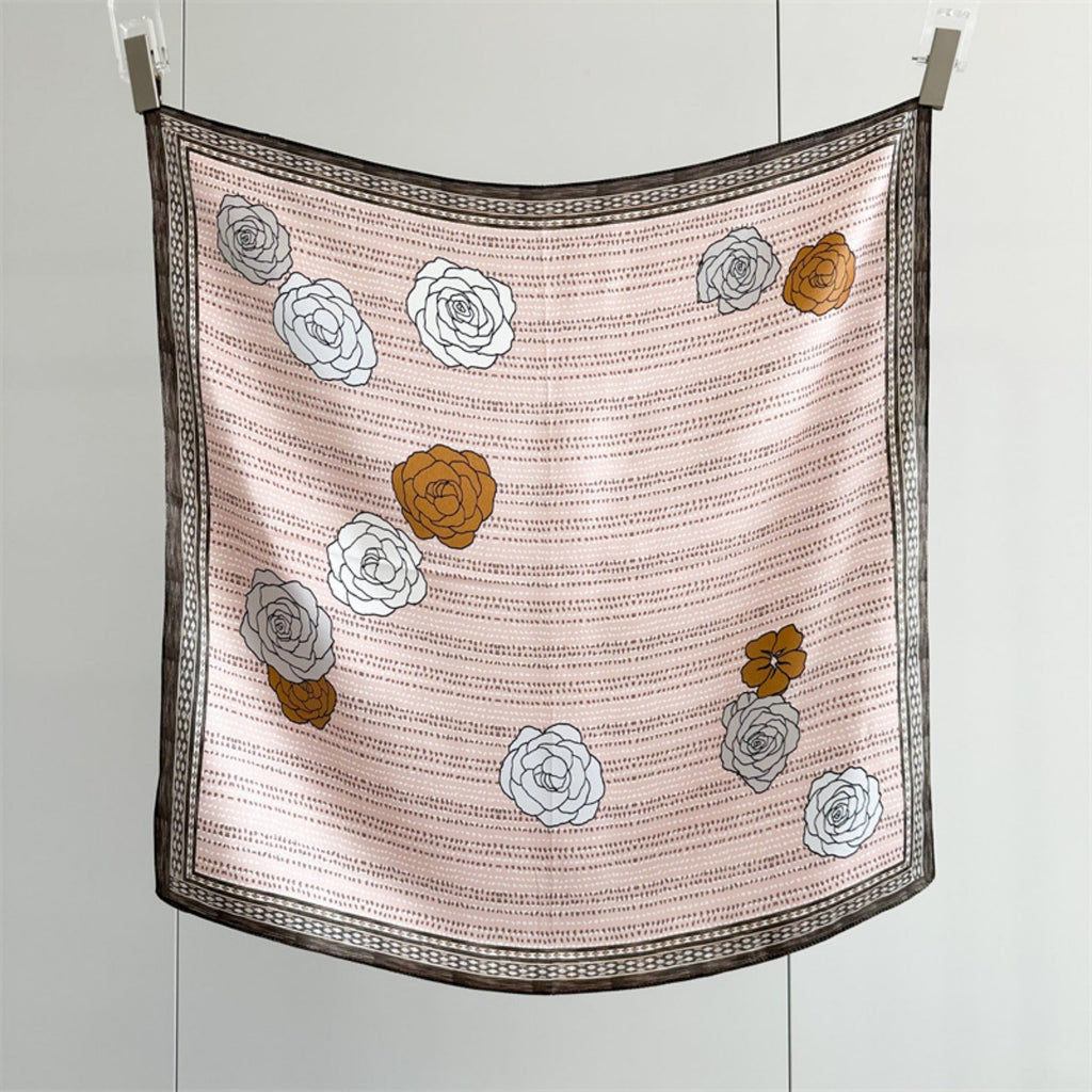 Pink Camellia 100% Mulberry Silk Scarf | 26'' Square Floral Silk Wrap