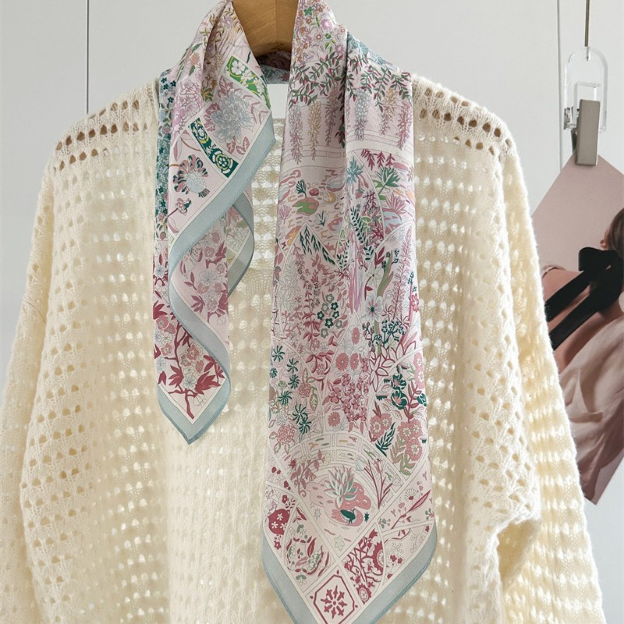 26'' Pink Monet Garden Mulberry Silk Scarf – Artistic Floral Square Silk Shawl for Women, Romantic & Elegant Accessory