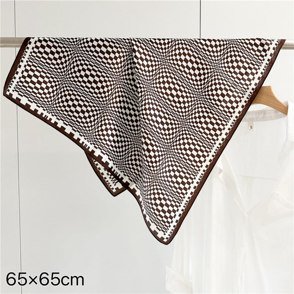 26'' Coffee Plaid Mulberry Silk Scarf – Sophisticated Women’s Square Shawl with a Classic, Elegant Check Pattern