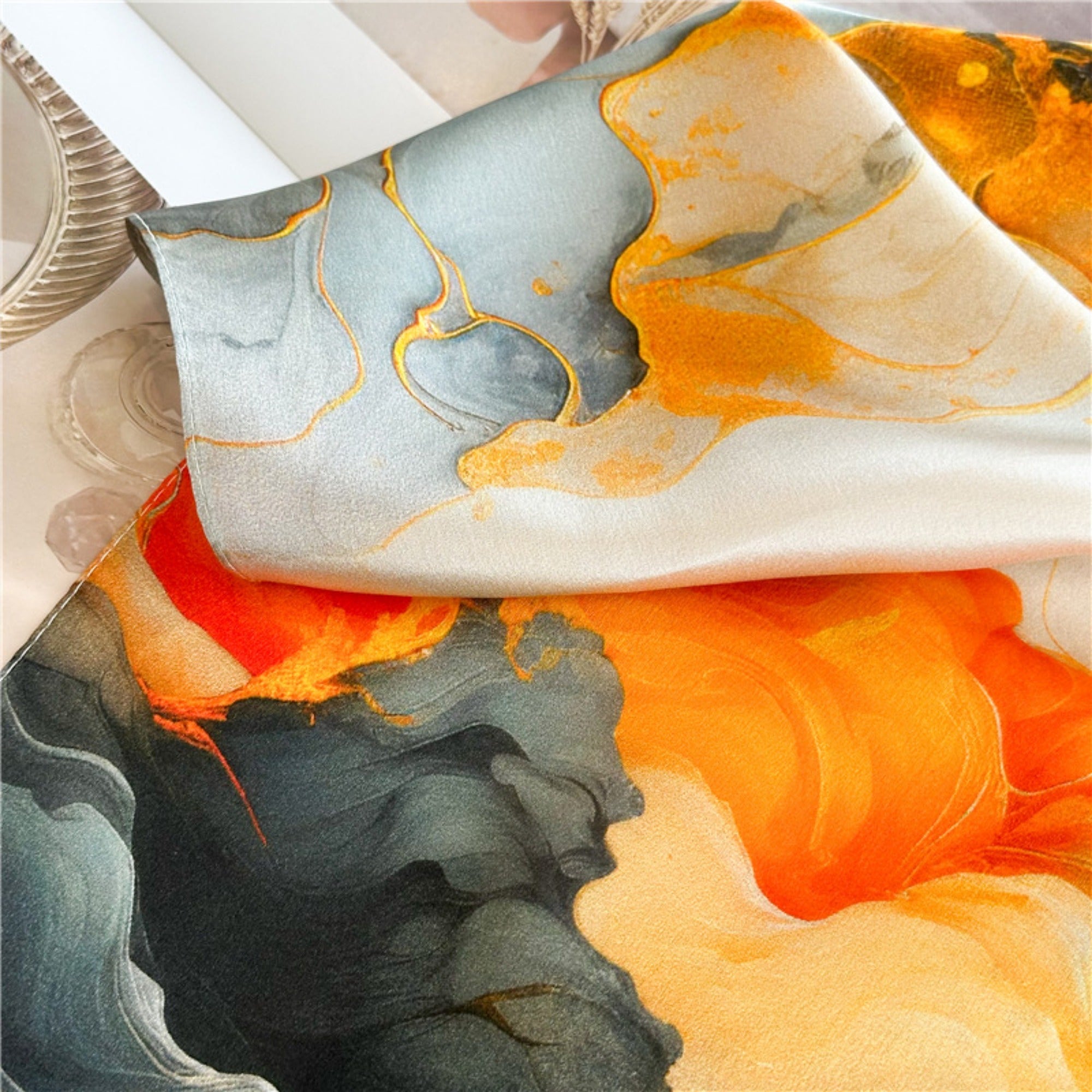 26'' Orange Gilded Mulberry Silk Scarf – Elegant & Luxurious Square Silk Shawl for Women, Golden Accent Accessory