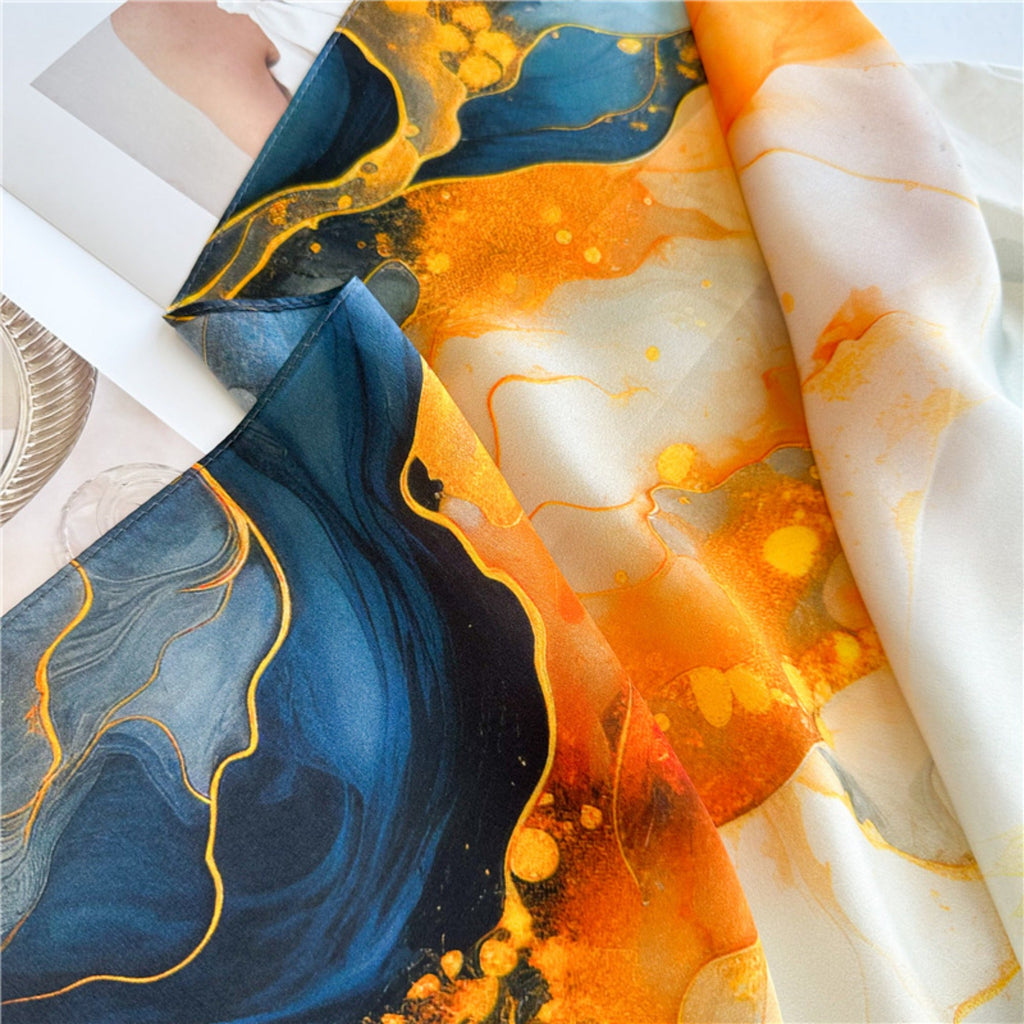 26'' Orange Gilded Mulberry Silk Scarf – Elegant & Luxurious Square Silk Shawl for Women, Golden Accent Accessory