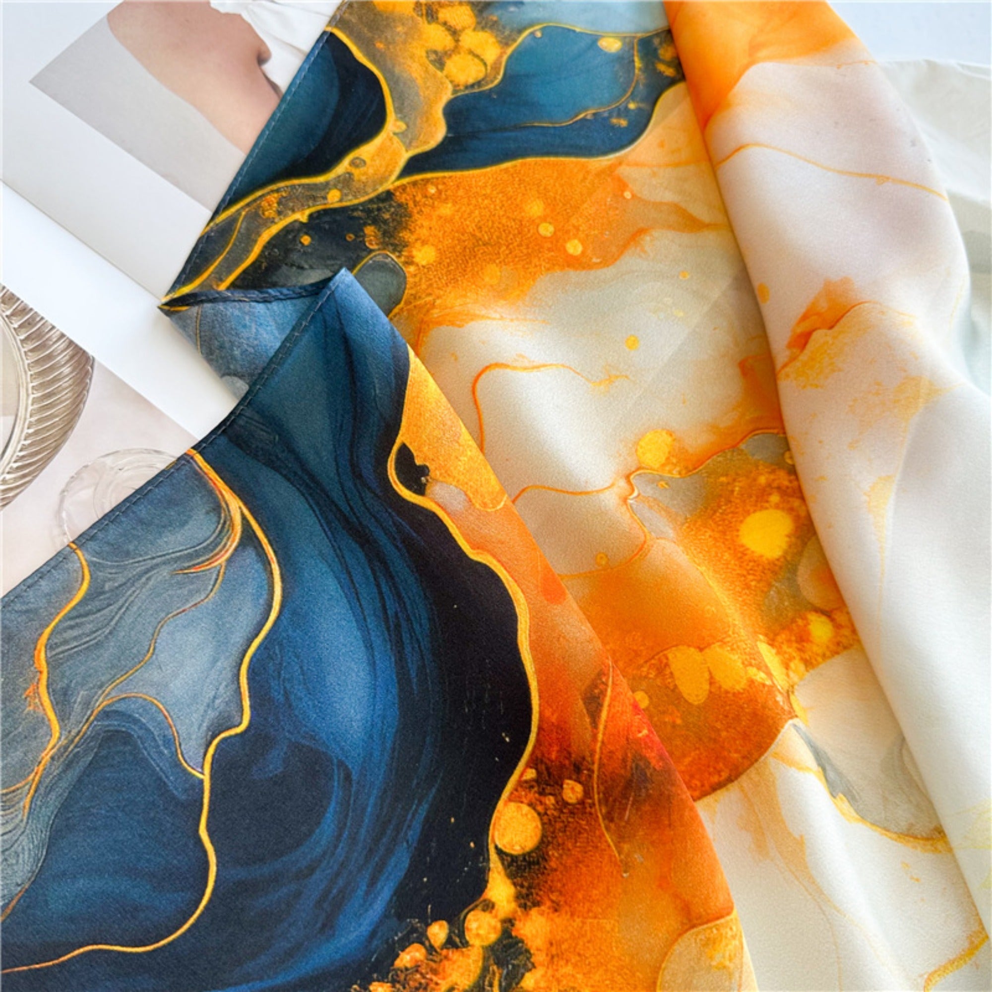 26'' Orange Gilded Mulberry Silk Scarf – Elegant & Luxurious Square Silk Shawl for Women, Golden Accent Accessory