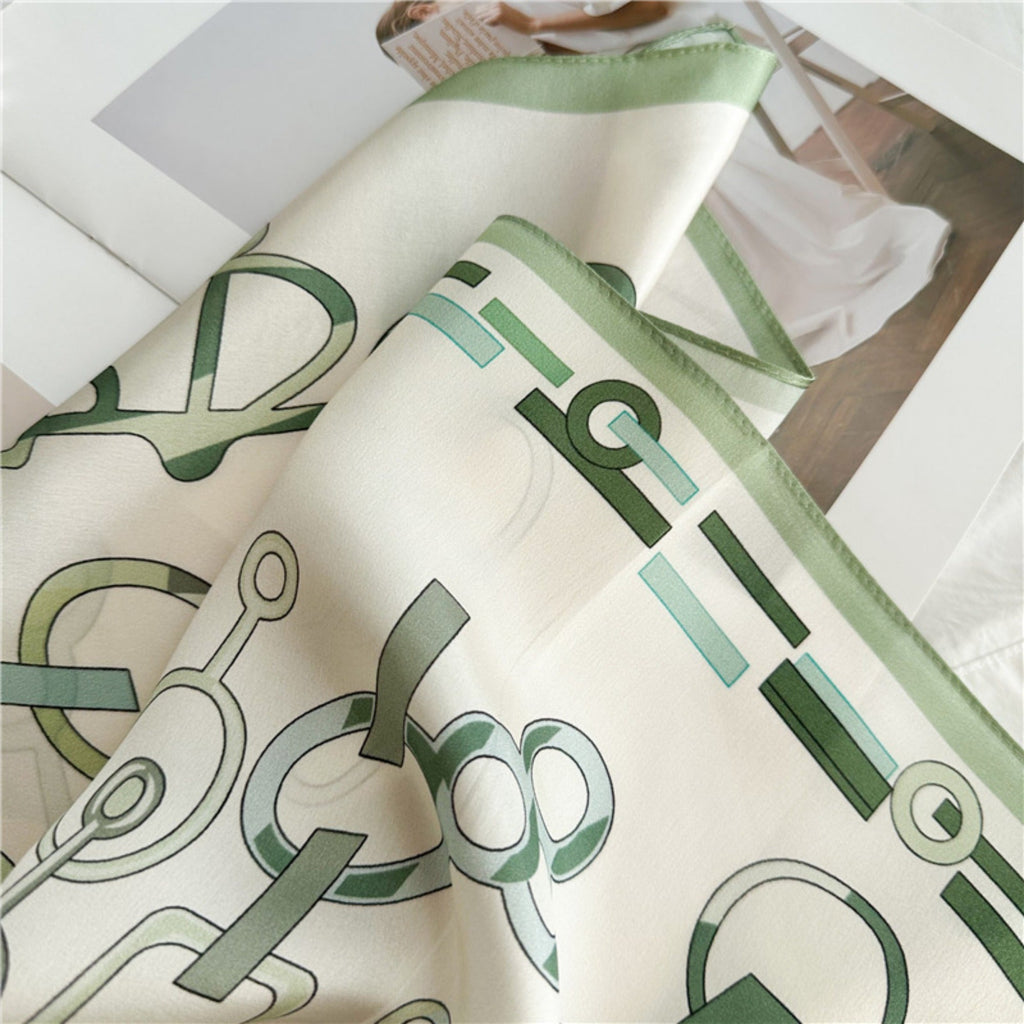 26'' Minimalist Green Lock Mulberry Silk Scarf – Simple & Elegant Square Silk Shawl for Women, Modern Chic Accessory