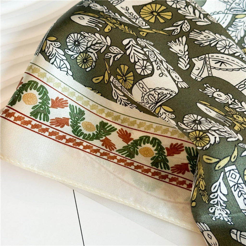 Green Equestrian Horse Print Silk Scarf | 100% Mulberry Silk 26'' Square Scarf