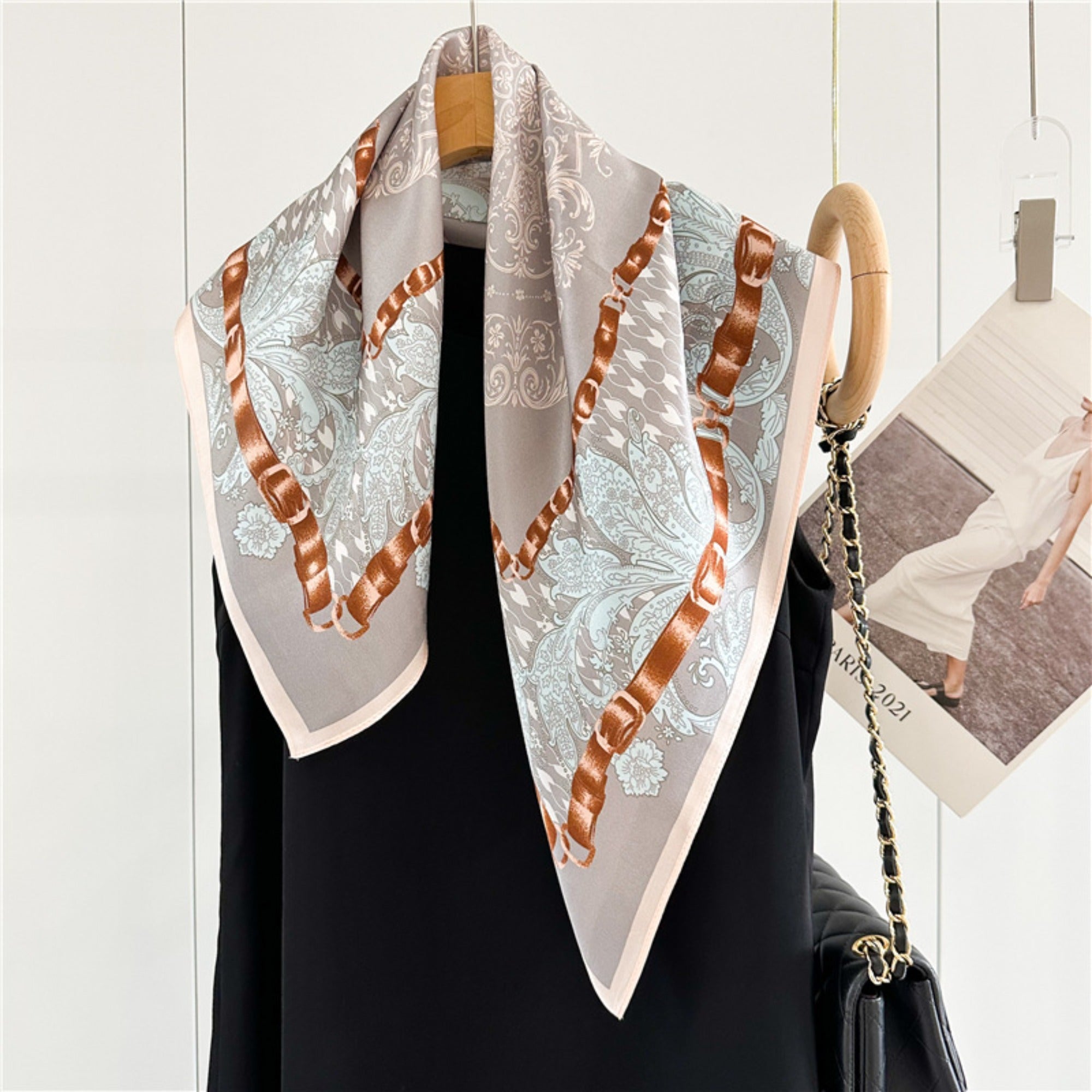 26'' Gray Pink Floral Mulberry Silk Scarf – Elegant Floral Square Silk Shawl for Women, Soft & Feminine Accessory