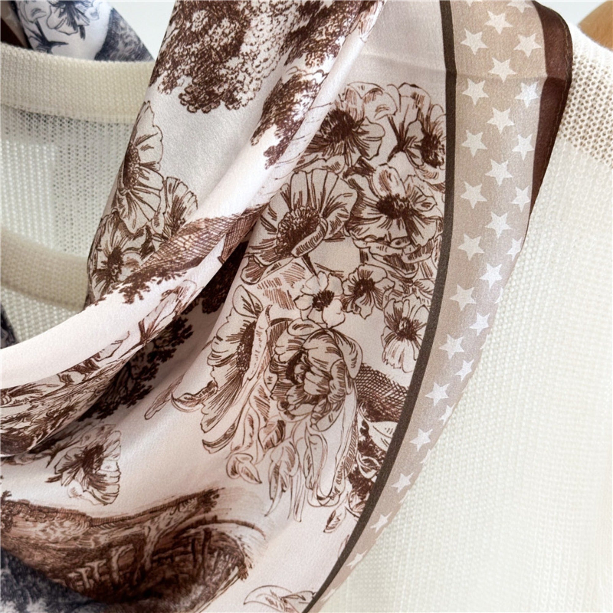 26'' Vintage Jungle Mulberry Silk Scarf with Coffee Border – Bold & Retro Square Silk Shawl for Women, Tropical Jungle Design