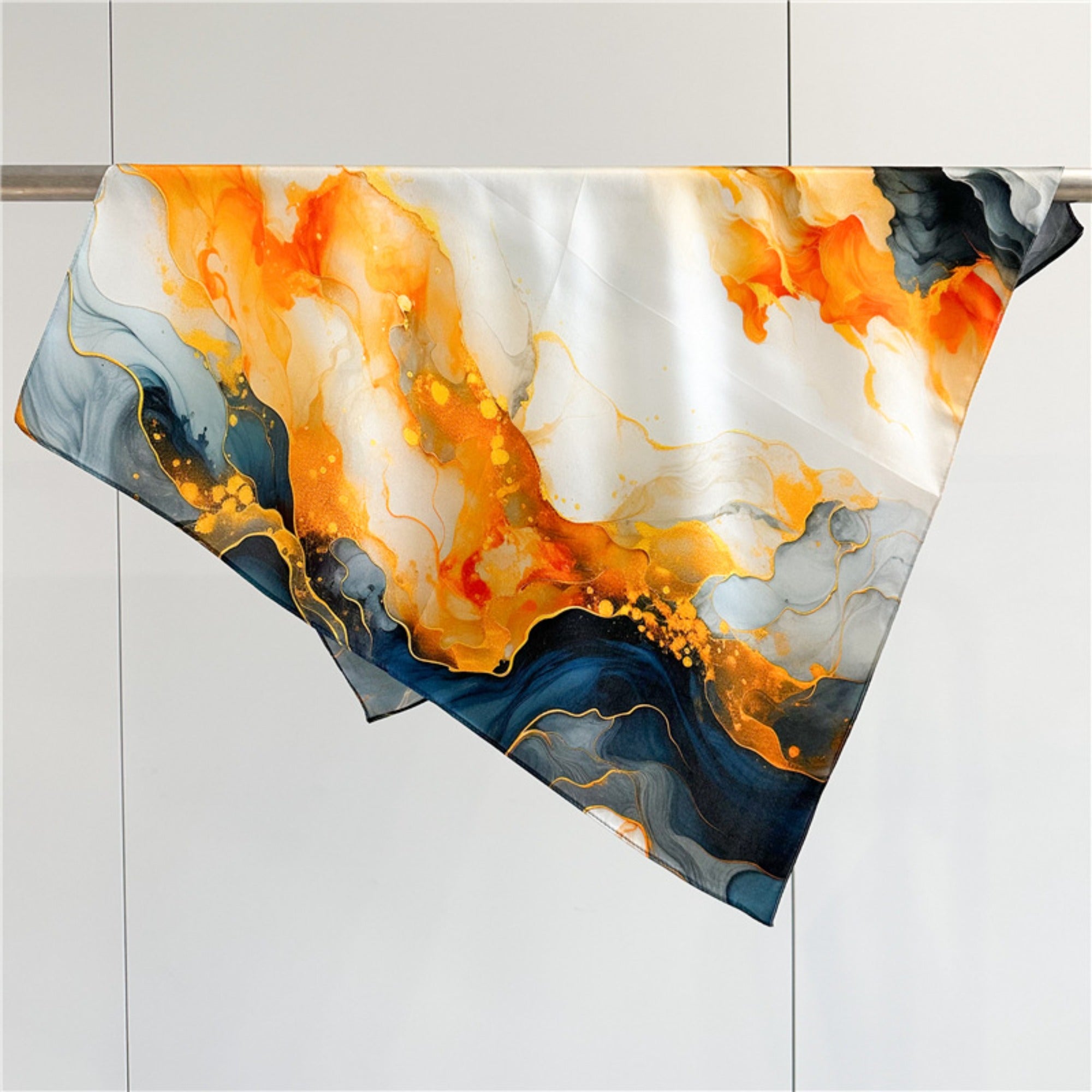 26'' Orange Gilded Mulberry Silk Scarf – Elegant & Luxurious Square Silk Shawl for Women, Golden Accent Accessory