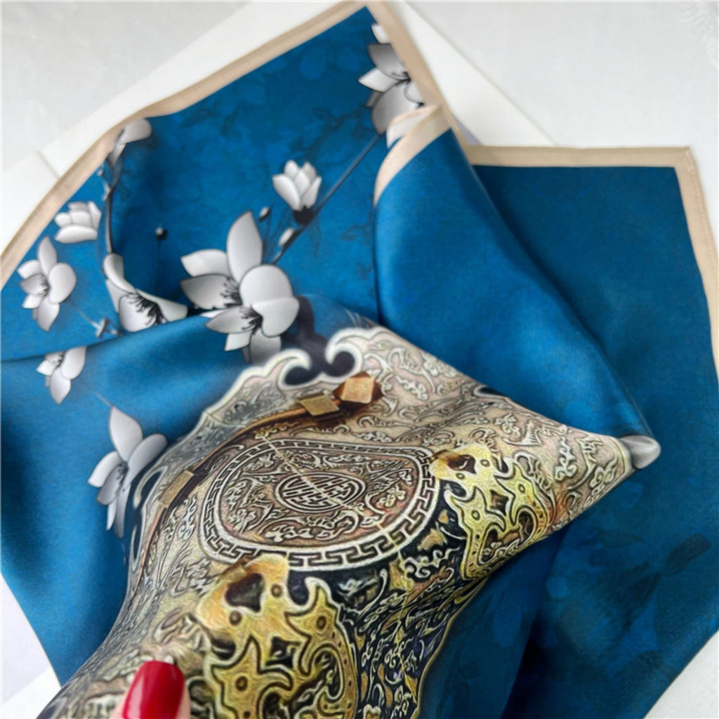 26'' Blue Lock Pattern Mulberry Silk Scarf – Modern Square Silk Shawl for Women, Elegant & Chic Accessory