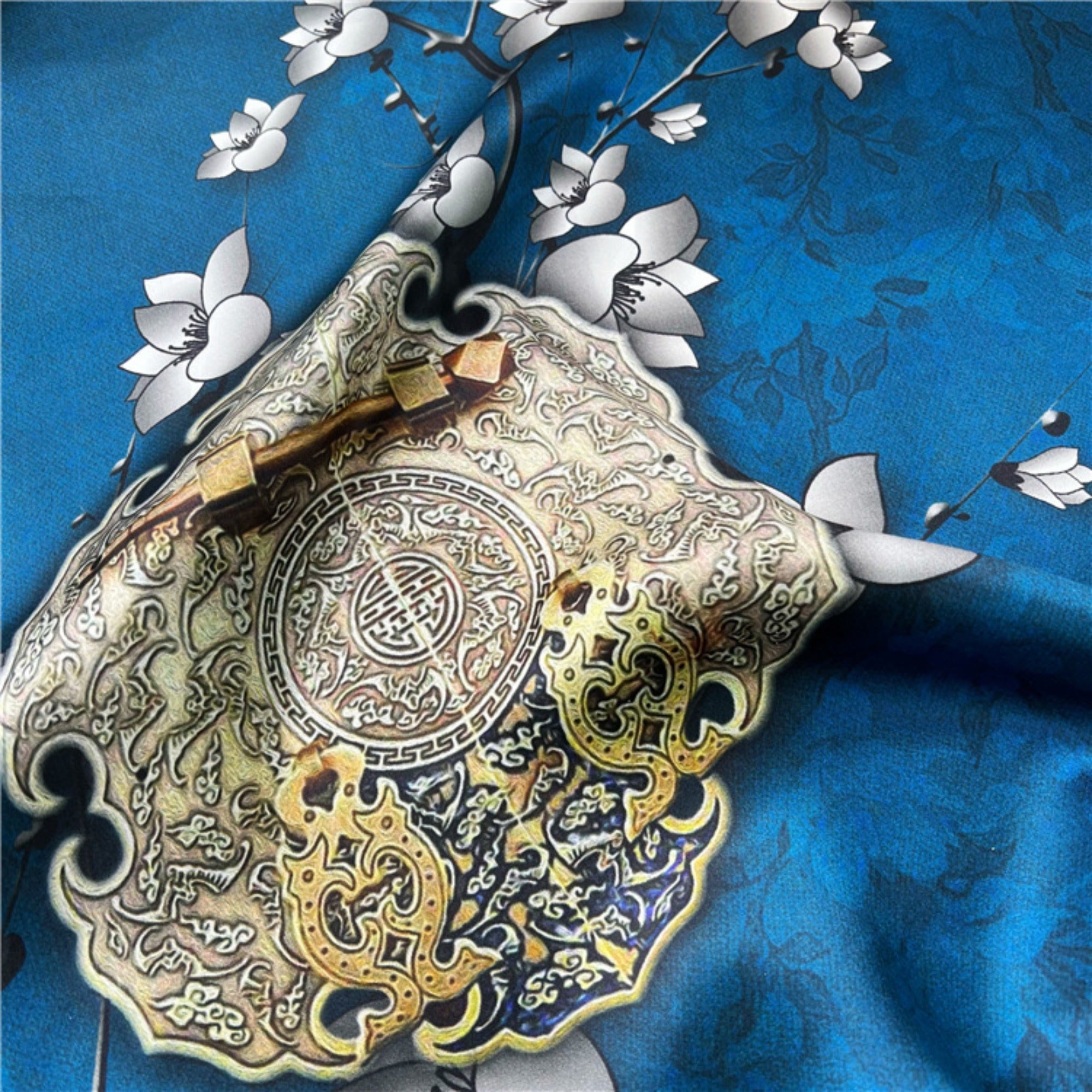 26'' Blue Lock Pattern Mulberry Silk Scarf – Modern Square Silk Shawl for Women, Elegant & Chic Accessory