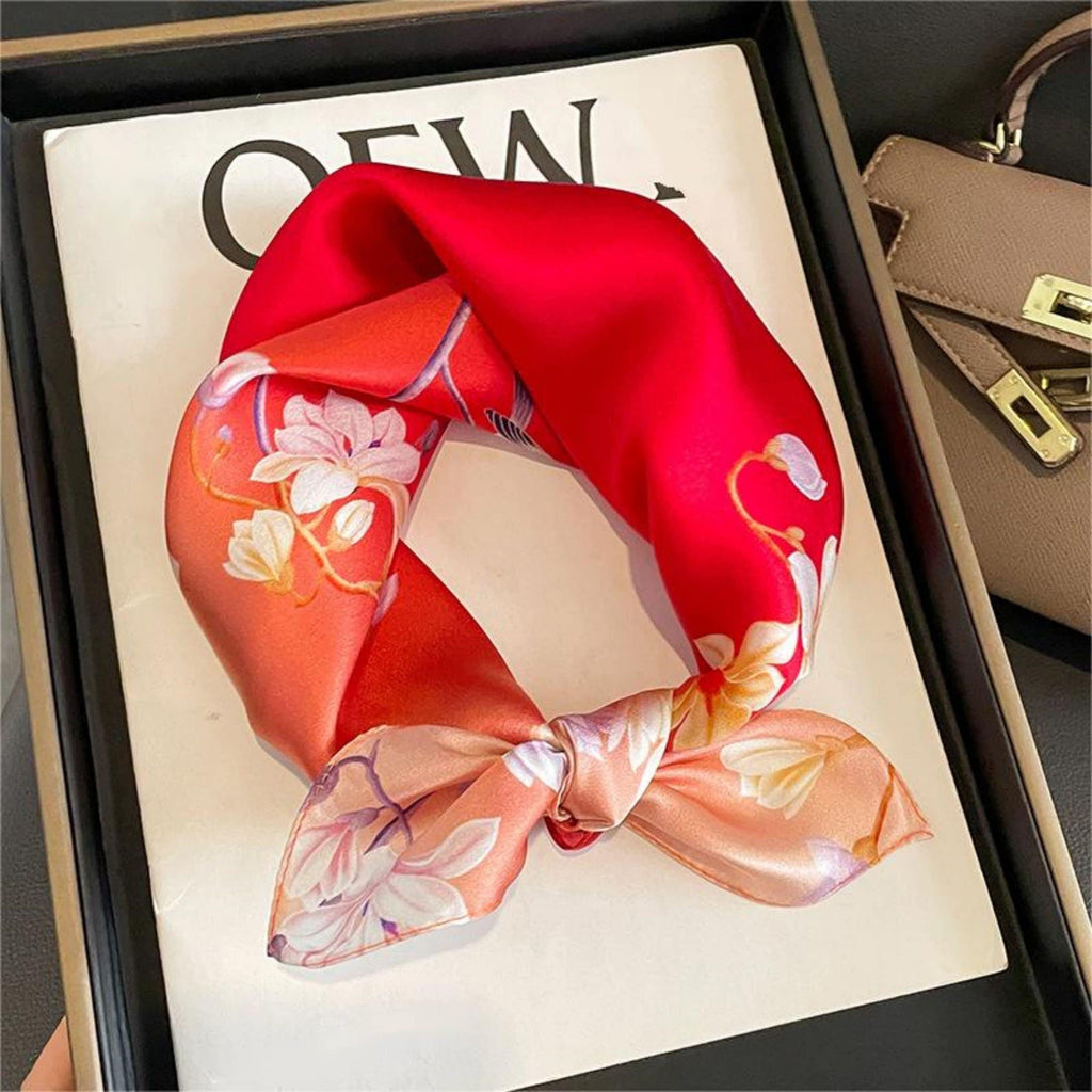 Rouge Red Flower Bird 100% mulberry Silk Scarf/Silk head scarf/Silk hair scarf/Silk neck scarf/Mother's Day Gifts/Bag Accessory