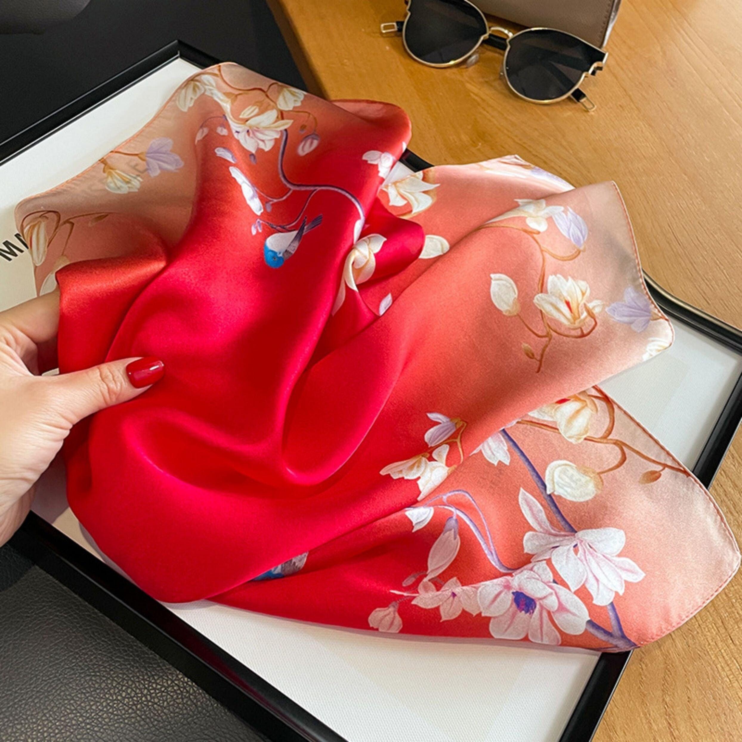 Rouge Red Flower Bird 100% mulberry Silk Scarf/Silk head scarf/Silk hair scarf/Silk neck scarf/Mother's Day Gifts/Bag Accessory