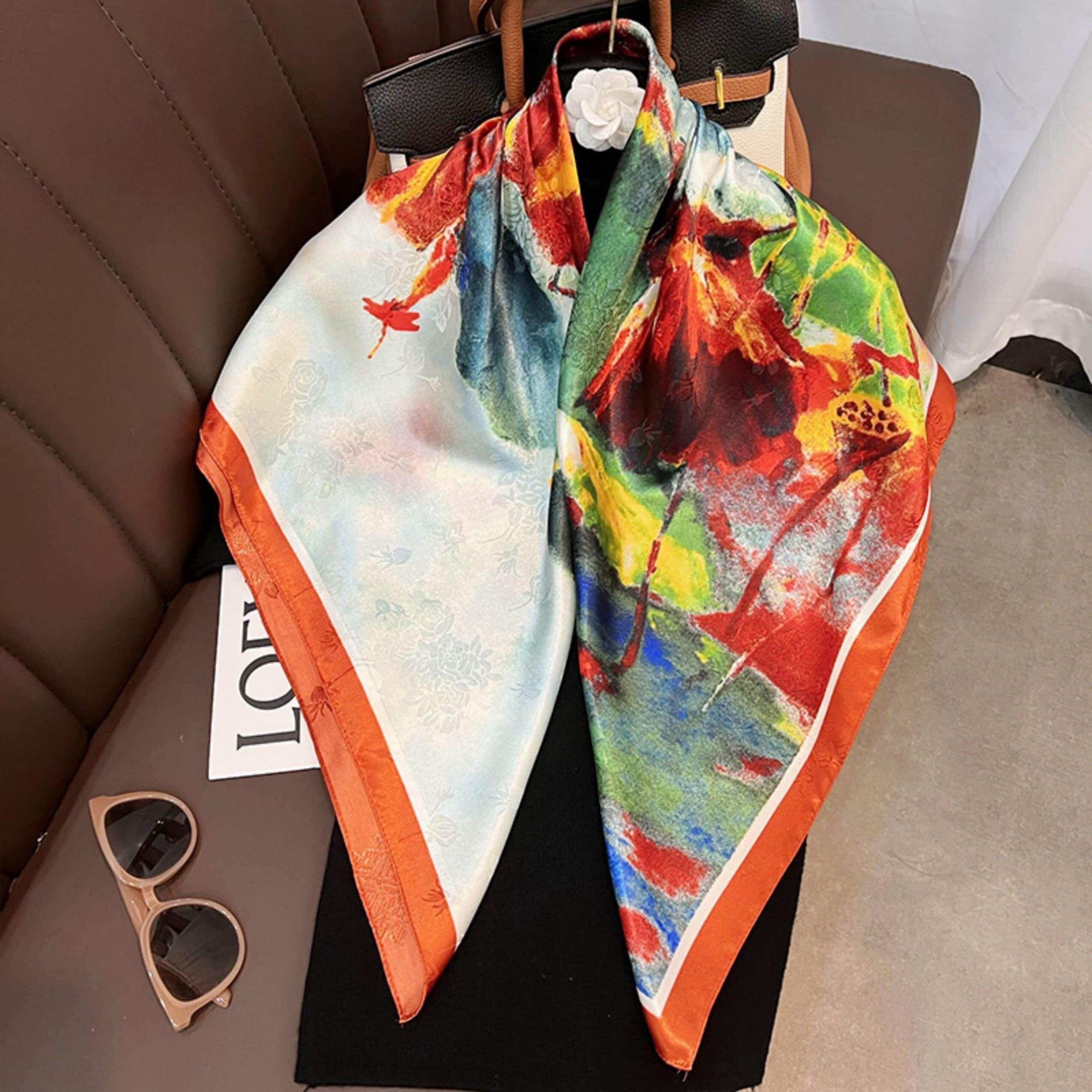 Oil Painting Chic Large Satin Scarf | 90x90cm Bandana | Twill Satin Shawl | Perfect Gift for Her, Mother's Day