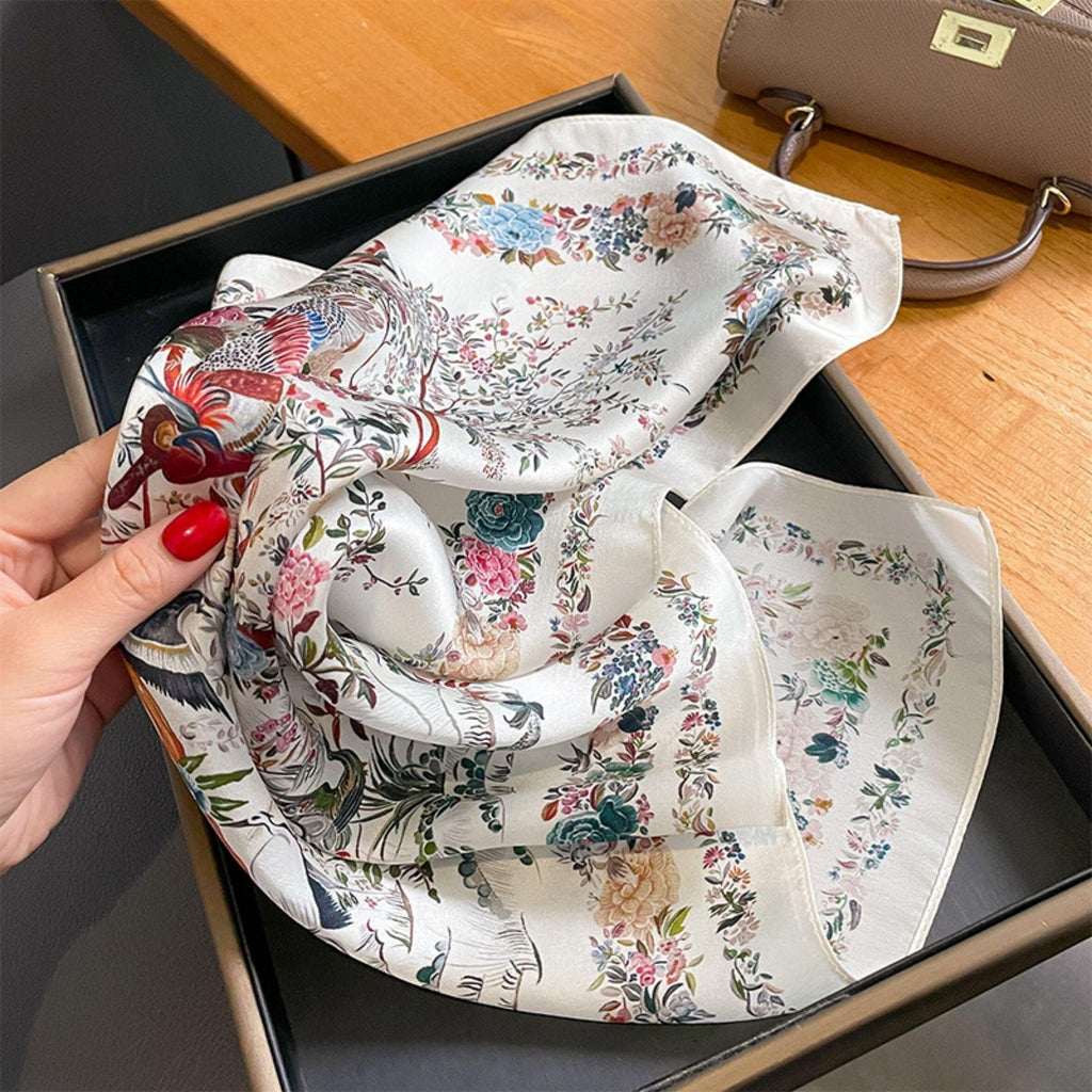 Beige flower and bird print 100% mulberry Silk Scarf/Silk hair scarf/Silk neck scarf/Mother's Day Gifts/Bag Accessory/Gift for her