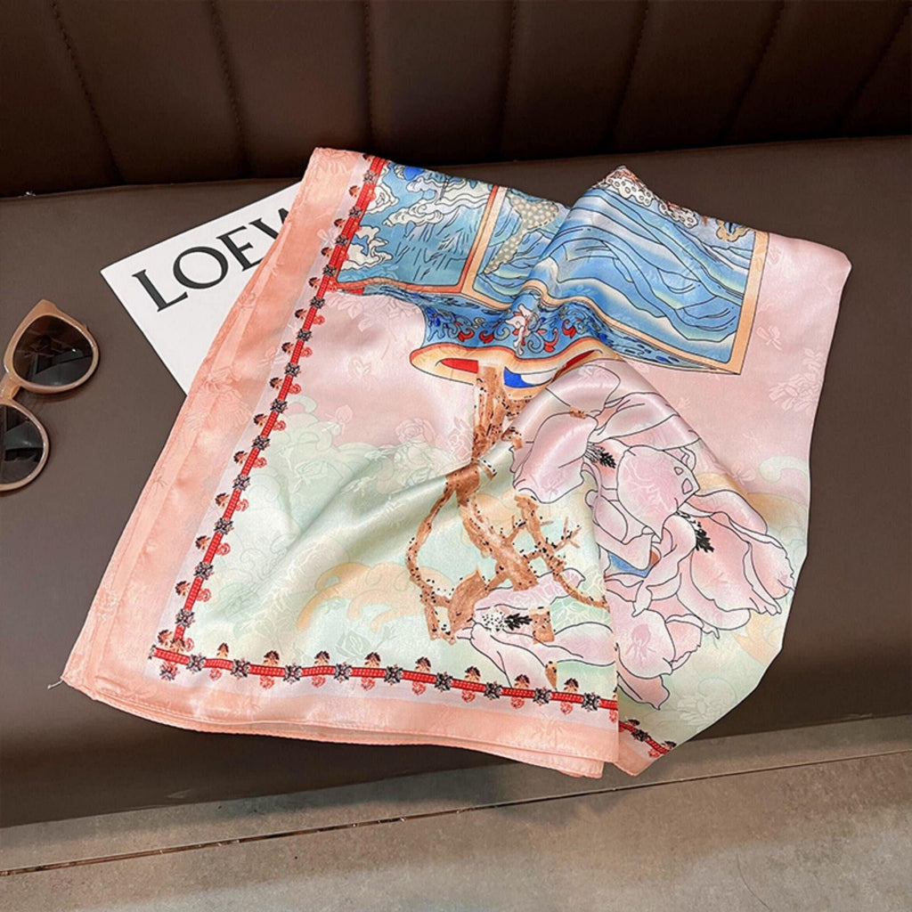 Pink Flora Chic Large Satin Scarf | 90x90cm Bandana | Twill Satin Shawl | Perfect Gift for Her, Mother's Day